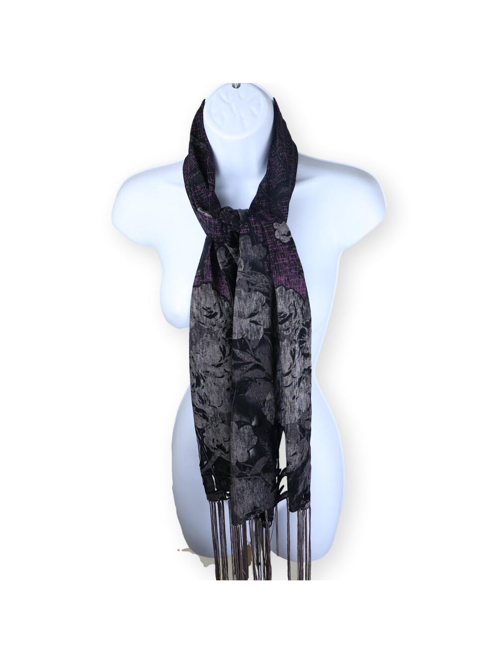 Gray Brown Colorblock Floral Fringe Rectangle Scarf 40x26